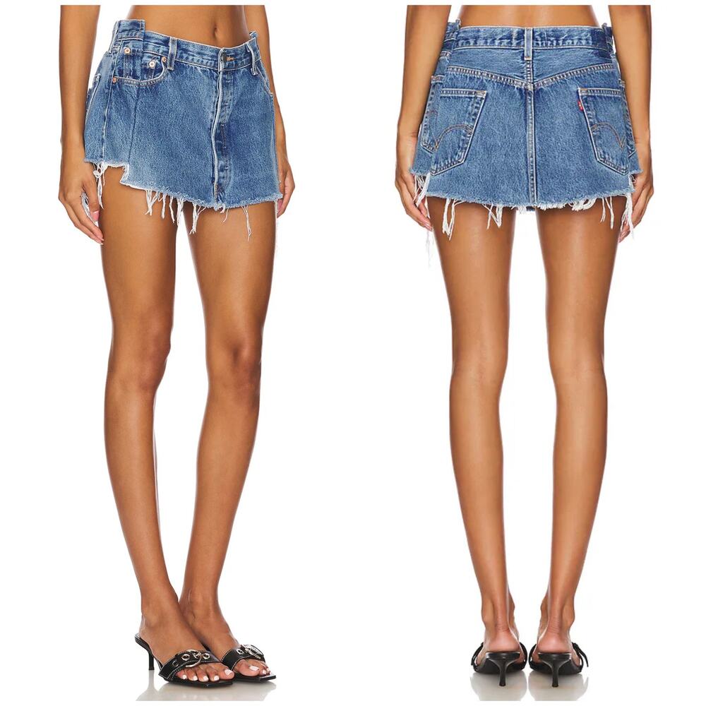 EB DENIM Angeli Mini Jean Skirt Reclaimed Vintage Levi's Denim Fray Size Medium